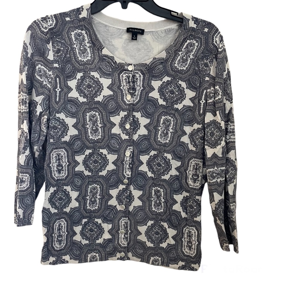 Talbots Paisley Black & White Cardigan - L